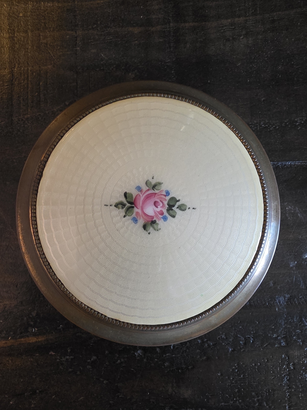 Vuntage Guilloche Enamel And Brass Hand Painted Vanity Powder Har
